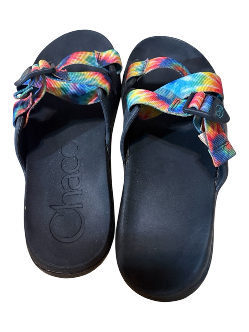 Chaco Slide Sandals in Beige and Black with Rainbow Tie-Dye Straps - Picture 6 of 11